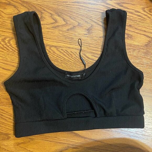 Pretty Little Thing Black Ribbed Bralette / Crop Top Medium - Picture 1 of 4